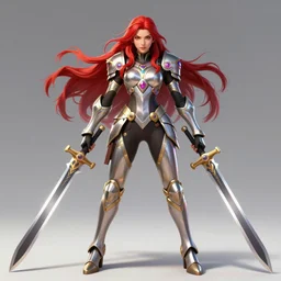 beautiful new character for overwatch, full body armor, dual wielding swords, super powers, long red hair, symmetry, intricate design, shiny, art by artgerm and greg rutkowski