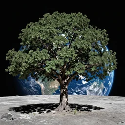 Scene on the moon, view on the Earth, A big tree