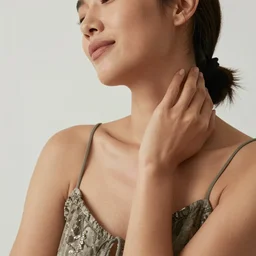 olive skinned female model in her thirties, wearing sundress, looking content, focused on her neck, photo realistic, extreme detail skin, natural beauty, no filter, slr, golden hour, 4 k, high definition, selfie