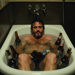 the top shot of the old bathroom, drunk bearded joaquin phoenix lying in bath, many empty beer bottles in the water, still shot from the movie of stanley kubrick with cinematography of christopher doyle, dark old room, anamorphic, kodak film, sharp focus, realistic, 8 k