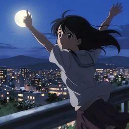 anime visual, portrait of a young female sightseeing above the city, guardrail, moon, cute face by yoh yoshinari, katsura masakazu, evening light, dynamic pose, dynamic perspective, strong silhouette, ilya kuvshinov, anime cels, 1 8 mm lens, fstop of 8, rounded eyes, moody