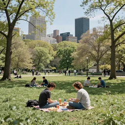 people having a picnick in a city park on a clear day, in surrealism style