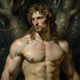 god of the forest, male, muscular, detailed face, gorgeous, amazing, muscular, intricate, highly detailed, painting by Gaston Bussiere, Craig Mullins