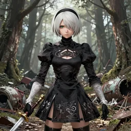 beautiful portrait of 2B from nier automata, forest, junkyard, pretty, semi realistic anime, hyper detailed, 8k, DeviantArt, Instagram, Behance, Artstation, trending on artstation, Pixiv, Pixiv daily ranking, art of silverfox, Yee Chong Silverfox, Sydney Hanson, Mickael Lelièvre, Jaeyeon Nam, derevschikova, Elina Karimova, Artgerm Lau, WLOP, Rossdraws, Hyung Tae Kim