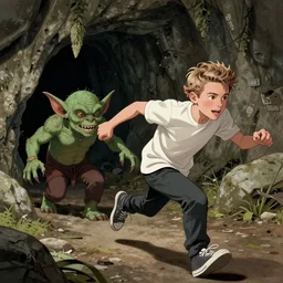an artists rendering of pete davidson being chased through a cave by a goblin