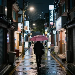 a back alley in seoul korea, 3 5 mm highly detailed dslr photograph, nighttime, rain soaked street, single person silhouette carrying a pink umbrella, lit by a single streetlight, shop signs