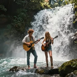 tegan and sara playing guitar while standing in a waterfall, fantasy style