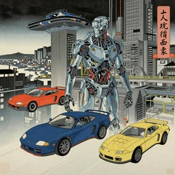 Ukiyo-e theme of cyberpunk , cyborg and flying cars, future, lowlife, hightech