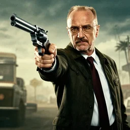 saul goodman as arthur morgan holding a revolver, stylized cinematic realistic dramatic cover