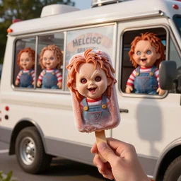 close up menu of ice cream popsicles shaped like screaming chucky dolls on side of ice cream truck