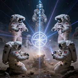 astronauts creating enochian sigils to perform high magick, oto, crowley, photorealistic, technical, royo, frazetta, giger, leds, dust, laser light, crystalline shimmers, chaos, complexity, emergence,