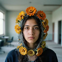 a closeup portrait of a woman wearing a hood made of wire and zinnias, in an abandoned office building, by steven assael, canon eos c 3 0 0, ƒ 1. 8, 3 5 mm, 8 k, medium - format print