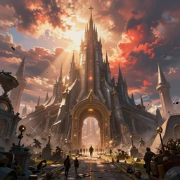 frostpunk portal, cinematic view, epic sky, detailed, concept art, high detail, warm lighting, volumetric, godrays, vivid, beautiful, trending on artstation, by jordan grimmer, huge scene, art greg rutkowski