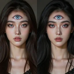 two goddesses, third eyes middle of foreheads, long necks, very wide wide shot, very hairy bodies, beautiful colors, eyes in forehead, beautiful lighting, very detailed, eyes reflecting into eyes reflecting into infinity