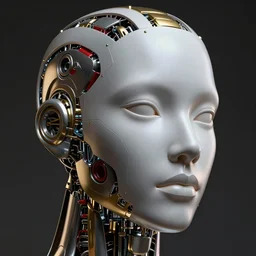a melancholic realistic 8k Sculpture of a complex robotic human face, liquid simulation, dramatic lighting, silver gold red details, hexagonal mesh wire, filigree intricate details, cinematic, fleshy musculature, white blossoms, elegant, octane render, art nouveau, 8k post-processing, intricate artwork by WLOP