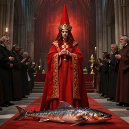 lamprey by francis bacon, beksinski, mystical redscale photography evocative. devotion to the scarlet woman in her cathedral, priestess in a conical hat, coronation, ritual, sacrament