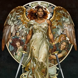 realistic detailed portrait of Serena Williams as a Nike Goddess of Victory by Alphonse Mucha, large wings behind, Ayami Kojima, Amano, Charlie Bowater, Karol Bak, Greg Hildebrandt, Jean Delville, and Mark Brooks, Art Nouveau, Neo-Gothic, gothic, Tarot, Tarot card, swords, tarot swords, rich deep moody colors