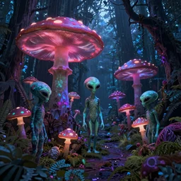 Highly detail wide angle photo, of Aliens with psychedelic mushrooms, Dark Neon colored Rainforest,by Zdzislaw Beksinski , octane render trending on Artstation 8k