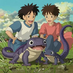 breath taking beautiful, Aesthetically pleasing, newts, happy, funny, silly digital concept art by Hayao Miyazaki and Akira Toriyama and Makoto Shinkai and Studio Ghibli, fine art, high definition, HDR, HD, 8K, award winning, trending, featured, masterful, dynamic, energetic, lively, elegant, Richly textured, Richly Colored, masterpiece.
