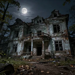 ruined, abandoned polish mansion, seen from inside, low camera angle. Moonlight falls through the broken windows. Dirt, leaves on ground. Unreal Engine. Substance painter. Zbrush. Trending on artstation. 8K. Highly detailed.