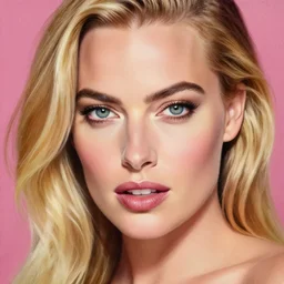 A margot robbie painting with a piercing gaze, sexy, vibrant