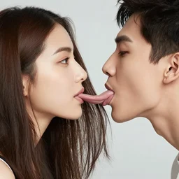 a man licking a women's hair, the women's eyes are looking at the man who is to her left.