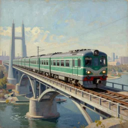 a painting of a train going over a bridge, a colorized photo by vladimir tatlin, cgsociety, retrofuturism, ue 5, futuristic, future tech