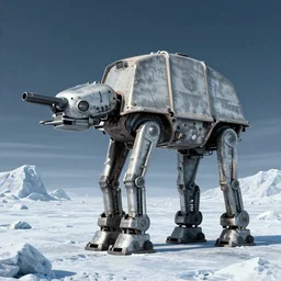 a fusion between the tarrasque and an AT-AT, flat grey color, completely metal, gun turrets on shoulders, walking across ice planet, hyper-realistic CG