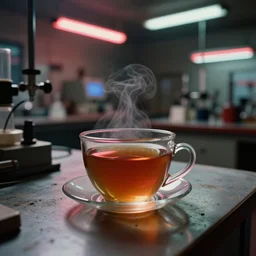 a cup of tea, inside of a 1970s science lab, neon lights, dirty, ektachrome photograph, volumetric lighting, f8 aperture, cinematic Eastman 5384 film