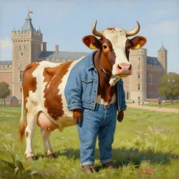 painting by zorn, cow, dressed, anthropomorphic!!, wearing!!! clothes!!! jeans!!! standing next to royal castle!!