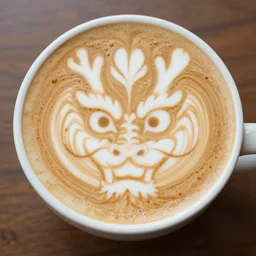 photo, asian dragon's head as latte art, dragon face, playful, award winning,