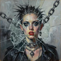 chained sophisticated depravity, mixed media collage, assemblage, photomontage, oil painting, minimalist, contemporary art, punk art, photorealistic, portrait, expressionism, masterpiece, dynamic composition, spectacular quality, intricate details, shattered glass texture, chains, smoke, water, light vivid