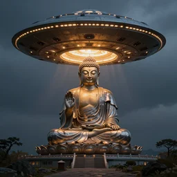 hyperrealistic UFO abducting buddha