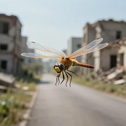 Giant dragonfly monster flying in the road of the ruined city, high quality photo, 85mm, focused