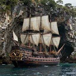 photo of a spanish galleon in front of a jamaican shoreline cliff with a cave, atmospheric lighting, intricate, ultra detailed, well composed, best on artstation, cgsociety, epic, stunning, gorgeous, intricate detail, wow, masterpiece