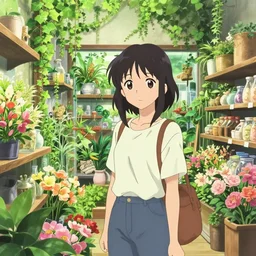anime portrait of a woman shopping in a florist's store interior with lush overgrowth, ivy, foliage, flowers, cute face by ilya kuvshinov, kyoani, artgerm, krenz cushart, wlop, hiroaki samura, yoshinari yoh, james jean, katsuhiro otomo, loish, unreal engine, cel shaded, anime poster