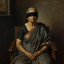 detailed potrait of blindfolded old srilankan woman sitting in dark room, girl graceful,, painting by james jean, craig mullins, j. c. leyendecker, lights, art by ernst haeckel, john william godward, hammershøi,,