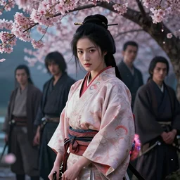 the previous artist was midjourney, cinematic moody colors, realistic shaded lighting poster of a sakura samurai woman by ilya kuvshinov, magali villeneuve, artgerm, jeremy lipkin and michael garmash and rob rey