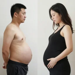 “Photo of a man 2 weeks pregnant on the left half of the image, and 40 weeks pregnant on the right half of the image”