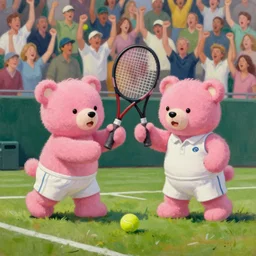 two pink bears playing tennis on a grass court, the bears are wearing white shorts and a white polo, the crowd is cheering, oil painting