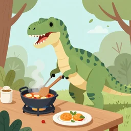 a trex cooking dinner, illustration