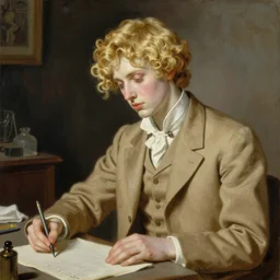 beautiful Painting of lucius as a tailor, long blond drill curls, delicate androgynous prince, pale milky porcelain skin, sharp tan suit and waistcoat, by Leyendecker and Norman Rockwell