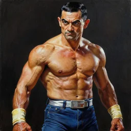 ultra realistic painting of mr bean as m. bison from street fighter, art by frank frazetta, 4 k, ultra realistic, highly detailed, epic lighting