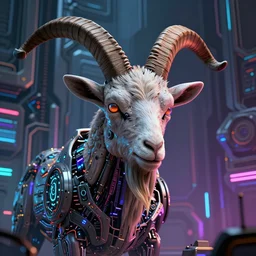 complex cyberpunk machine background merged with evil cybernetic goat head in center focus, multicolored digital art