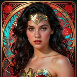 a young lynda carter as wonder woman, volumetric lights, red and cyan theme, art nouveau botanicals, intricate, highly detailed, digital painting, artstation, concept art, smooth, sharp focus, cinematic, illustration, beautiful face, art by artgerm and greg rutkowski and alphonse mucha