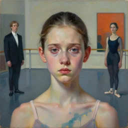 portrait of nervous young girl ballerina focusing in a dance hall by beeple and hernan bas and francis bacon and pat steir and hilma af klint, psychological, photorealistic, symmetrical face, dripping paint, washy brush, matte painting, rendered in octane, altermodern, masterpiece