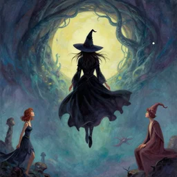 a witch. floating in the sky, facing cthulhu. painted by barbara canepa and alessandro barbucci and tony sandoval, wlop, loish.