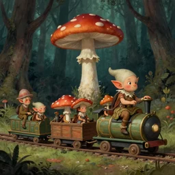 detailed mushroom elves riding train in a dark mysterious forest by mark ryden