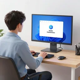 person sitting on a chair in front of a desk, looking at a computer screen with stable diffusion on it