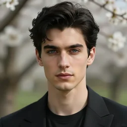detailed cinematic wide shot of beautiful attractive masculine man black hair slim face symettrical face clean skin blue eyes black clothes, ultra realistic, spring light, painting by gaston bussiere, craig mullins, j. c. leyendecker